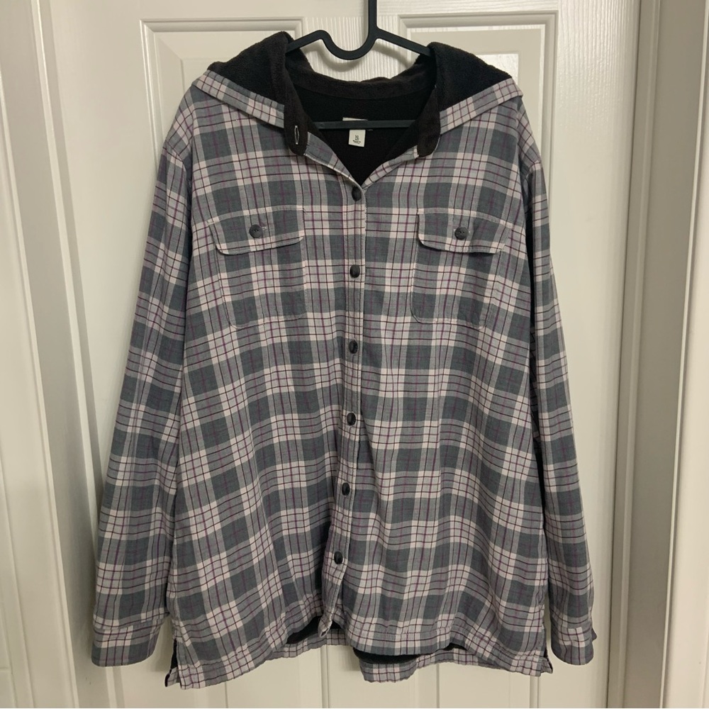 L.L. Bean Jacket Hooded Plaid Gray Purple Button Down XL